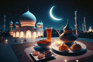 Festive ramadan kareem photo background with cup of tea and dates for iftar menu. illustration