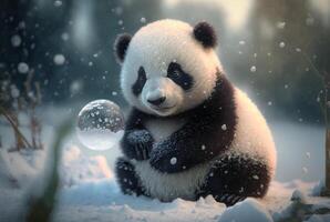 Cute Panda baby playing in snow winter, photo