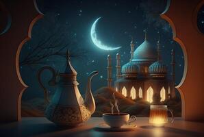 Festive ramadan kareem photo background with cup of tea and dates for iftar menu. illustration