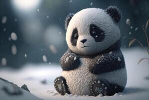 Cute Panda baby playing in snow winter, photo