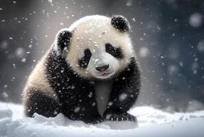 Cute Panda baby playing in snow winter, photo