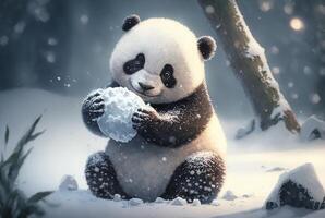 Cute Panda baby playing in snow winter, photo