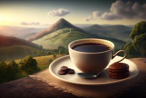 Cup of tea with dessert on beautiful landscape background. photo