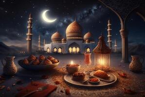 Festive ramadan kareem photo background with cup of tea and dates for iftar menu. illustration