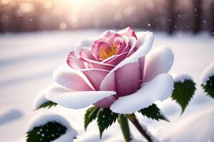 Blooming Rose flowers covered snow with blurry bokeh by photo