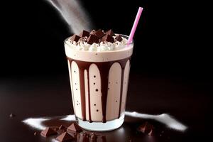 cold chocolate milkshake with splashes on dark background by photo