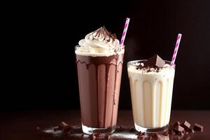 cold chocolate milkshake with splashes on dark background by photo