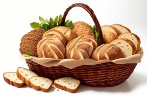 grande cesta lleno de clasificado panes aislado en blanco antecedentes por ai generado foto