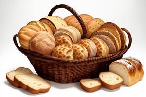 grande cesta lleno de clasificado panes aislado en blanco antecedentes por ai generado foto