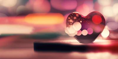 Valentines day themes background with empty pastel color wooden table for product display, copy space, hearts, and bokeh lights in the background. Generative Ai photo