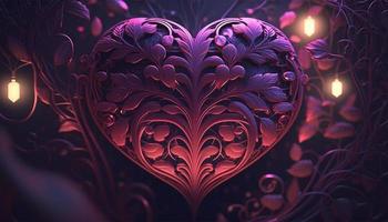 Happy valentines day with ornate pattern and abstract heart loves, vines, pink and iridescent lights, purple, soft pink, red abstract background. Generative Ai. photo