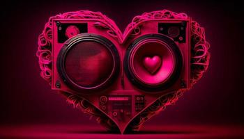 Valentine's Day love with music, stereo, red bright pink heart. Generative Ai. photo