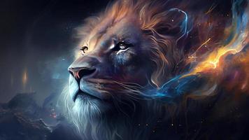 Photo of a delicate lion emerging from the universe in an astonishing light. Generative Ai.