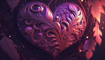 Happy valentines day with ornate pattern and abstract heart loves, vines, pink and iridescent lights, purple, soft pink, red abstract background. Generative Ai. photo