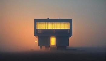 Modern and minimal architecture or home concept with modern style and technology in the foggy. Eye catching neon color, generative ai. photo