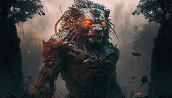 león cabeza cyborg con cyberpunk estilo a volcán con un de miedo cara y volcán antecedentes generativo ai. foto