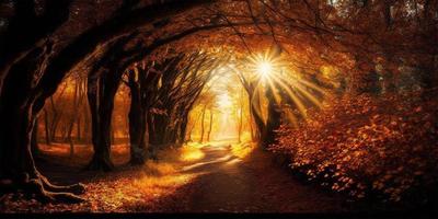 hermosa otoño bosque paisaje con un brillante Dom dando el mundo y el hojas un brillante mágico brillo con generativo ai. foto