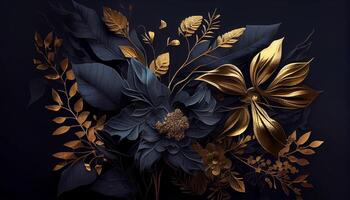 lujo y elegante azul y dorado polvo flores, y rama hojas en oscuro azul antecedentes. Clásico floral decoración. plano poner, parte superior ver fantástico planta 3d ilustración. generativo ai. foto