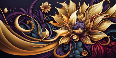 Abstract colorful floral pattern decorations with grunge texture and details for background wallpaper or backdrop. Tropical exotic flowers in bright colors. . photo