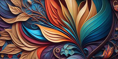 Abstract colorful floral pattern decorations with grunge texture and details for background wallpaper or backdrop. Tropical exotic flowers in bright colors. . photo