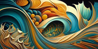 Abstract colorful wave floral pattern decorations with grunge texture and details for background wallpaper or backdrop. Tropical exotic flowers in bright colors. . photo