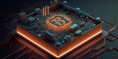 Bitcoin on a neon orange and blue background. Flash of electric lightning against the background of computer microchips. Digital electronic currency. Crypt currency. Online banking. . photo