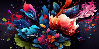 Abstract art colorful botanical background. Luxury modern wallpaper splash and watercolor, leaf, flower, tree and nature. Minimal Design for text, packaging, prints, wall decoration. . photo