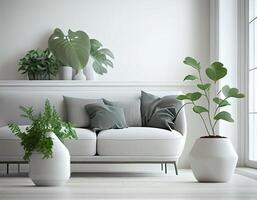 elegante vivo habitación interior de moderno Departamento y de moda muebles, plantas y elegante accesorios. hogar decoración. plantilla, 3d prestar, 3d ilustración.generativa ai. foto