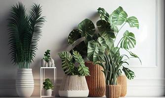 Neutral composition of living room interior with rattan armchair, a lot of tropical plants in design pots, decoration and elegant personal accessories in stylish home decor. genrative ai. photo