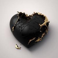 Realistic top view on elegant fantastic and black color for the valentine's day heart with golden cracks. Generative Ai. photo