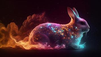 A hare with a glimmer of starlight, the universe and galaxies adorn the sky with wisps of smoke. Generative Ai. photo
