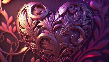 Happy valentines day with ornate pattern and abstract heart loves, vines, pink and iridescent lights, purple, soft pink, red abstract background. Generative Ai. photo