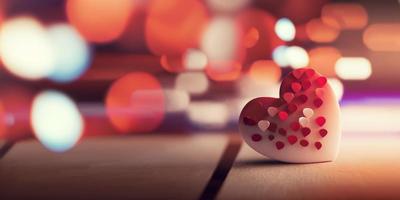 Valentines day themes background with empty pastel color wooden table for product display, copy space, hearts, and bokeh lights in the wood background. Generative Ai photo