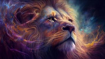 Photo of a delicate lion emerging from the universe in an astonishing light. Generative Ai.