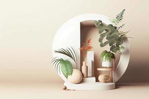 A indoor studio podium with environment concept white pedestal that is decorated with mirror, leaves and stone.Minimal abstract background. 3d isolated. Generative AI. photo