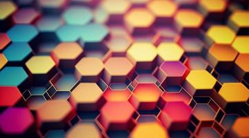 Realistic 3d render, abstract art colorful hexagon background. Neon color with hexagonal frame. Simple geometric shape. Generative Ai. photo