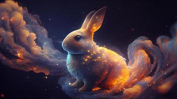 A hare with a glimmer of starlight, the universe and galaxies adorn the sky with wisps of smoke. Generative Ai. photo