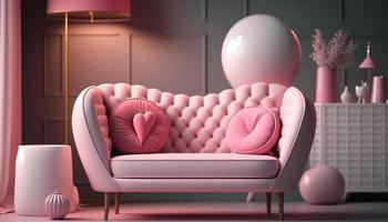 Valentine modern interior room have white pink sofa color and element home decor for valentine's day generative ai. photo