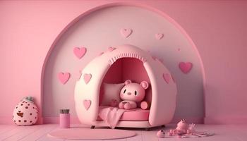 San Valentín día en para niños habitación con linda bebé muñeca en suave rosado pared antecedentes con generativo ai. foto