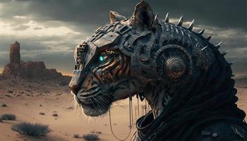 león cabeza cyborg con cyberpunk estilo a Desierto con un de miedo cara generativo ai. foto
