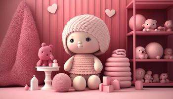 San Valentín día en para niños habitación con linda bebé muñeca en suave rosado pared antecedentes con generativo ai. foto