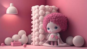 Valentine's day in children's room with cute baby doll on soft pink wall background with generative ai. photo