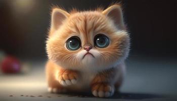 Closeup baby cat cartoon face expression with big bright sparkling eyes beautiful and cute with generative ai. photo