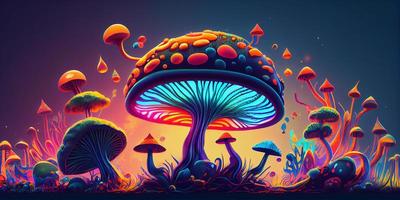 Magic mushrooms over sacred geometry. Psychedelic hallucination. Vibrant vector illustration. 60s hippie colorful art. Generative Ai. photo