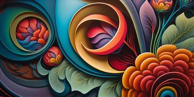 Abstract colorful floral pattern decorations with grunge texture and details for background wallpaper or backdrop. Tropical exotic flowers in bright colors. . photo