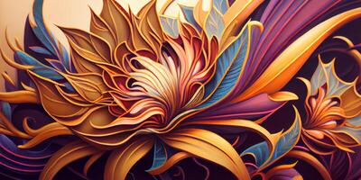 Abstract colorful floral pattern decorations with grunge texture and details for background wallpaper or backdrop. Tropical exotic flowers in bright colors. . photo