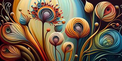 Abstract colorful floral pattern decorations with grunge texture and details for background wallpaper or backdrop. Tropical exotic flowers in bright colors. . photo