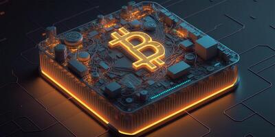 Bitcoin on a neon orange and blue background. Flash of electric lightning against the background of computer microchips. Digital electronic currency. Crypt currency. Online banking. . photo