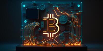 Bitcoin on a neon orange and blue background. Flash of electric lightning against the background of computer microchips. Digital electronic currency. Crypt currency. Online banking. . photo