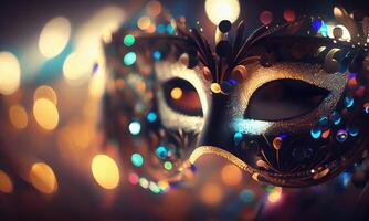 Venetian Mask With Abstract Defocused Bokeh Lights And Shiny Streamers for Carnival Party. Masquerade Disguise Concept. Blurred Bokeh Background. . photo